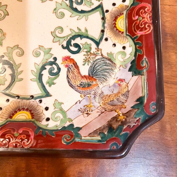 Vintage 8in Chinoiserie Asian Ceramic Rooster Square Plate Red Green Cream - Picture 2 of 8